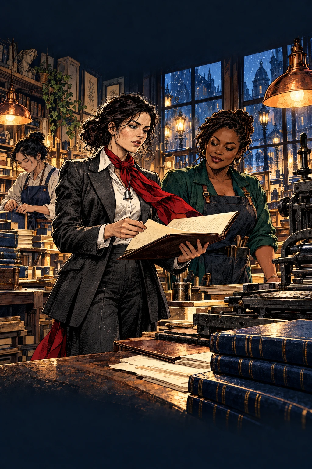Elena Vasquez and Maya Brooks examine an agreement inside Lantern House Press.