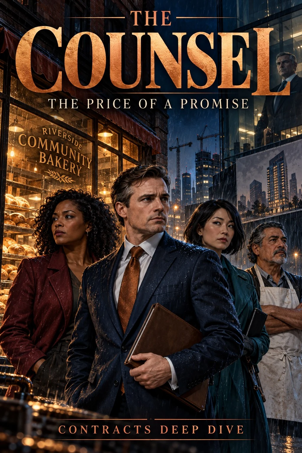 The Counsel: The Price of a Promise book cover, showing Alexander Mercer and the bakery team.