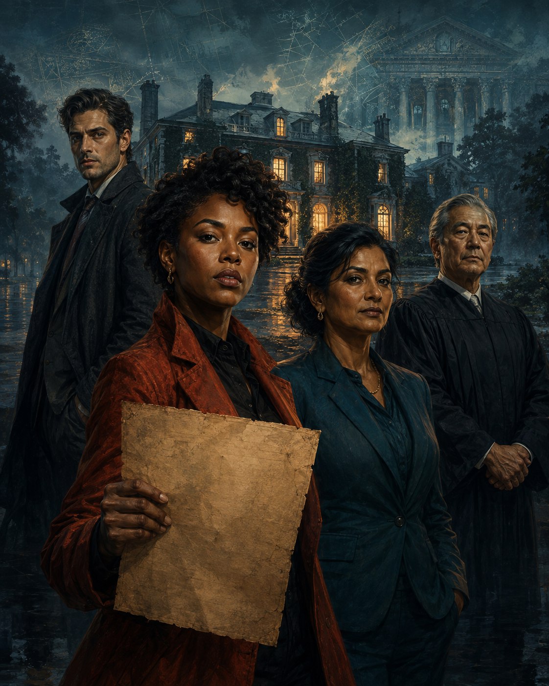 Mara Voss, Professor Amara Vale, Lucian Vale, and Judge Rowan Creed outside Ashford House at twilight